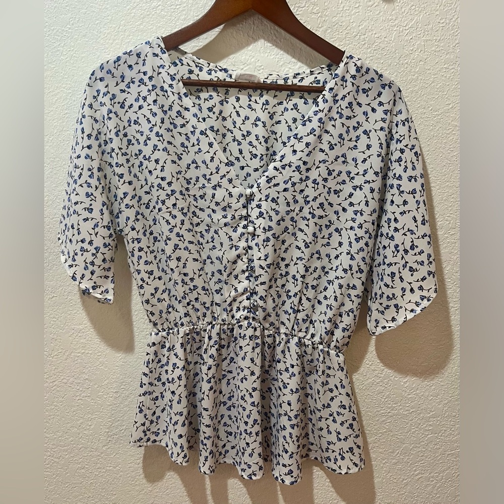 Blue floral white blouse